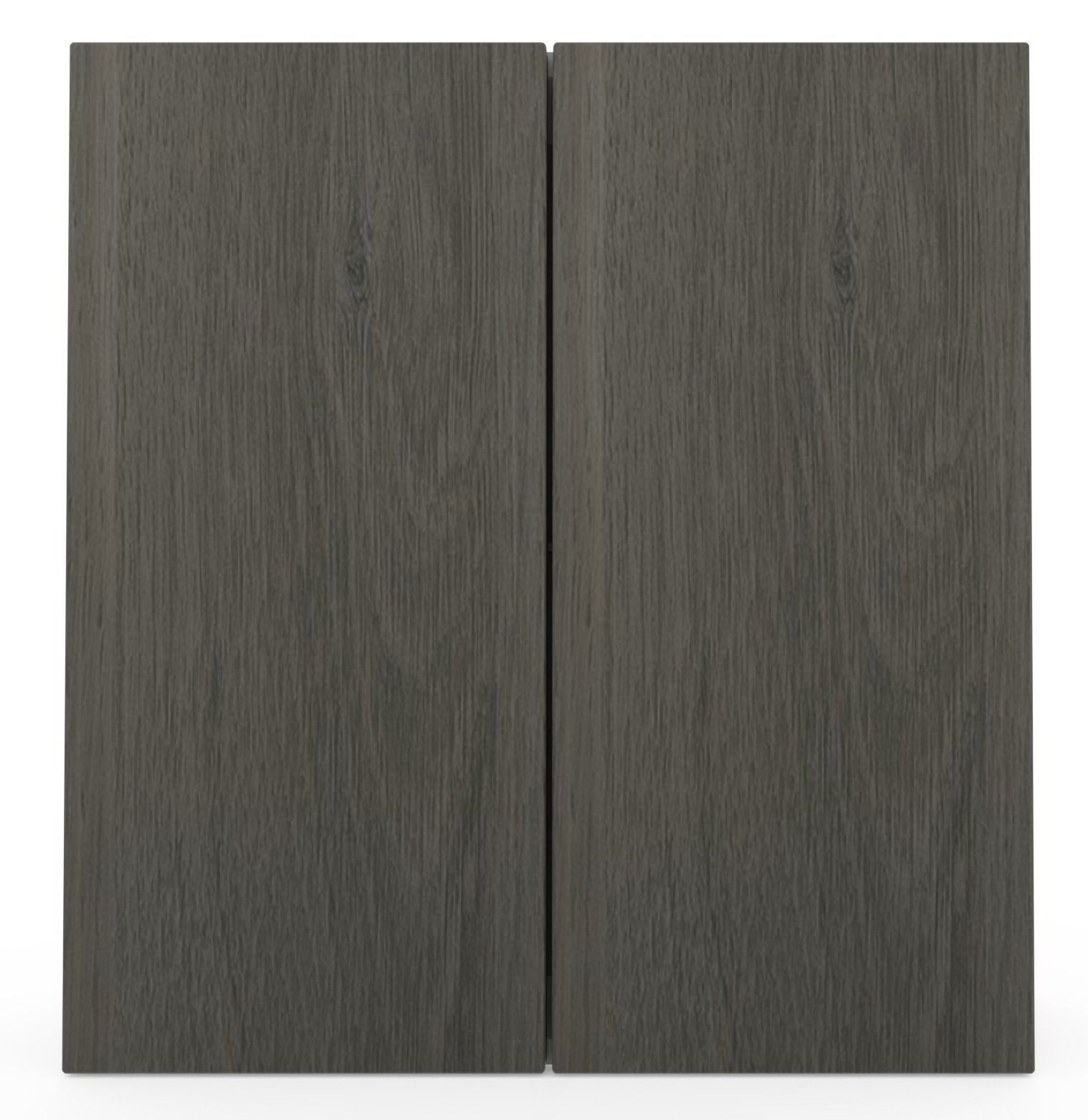 Frontansicht eines dunkelgrauen Oberschranks mit Holzmaserung