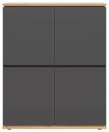 Frontansicht eines modernen Highboards mit dunklen Türen und hellem Holzrahmen.