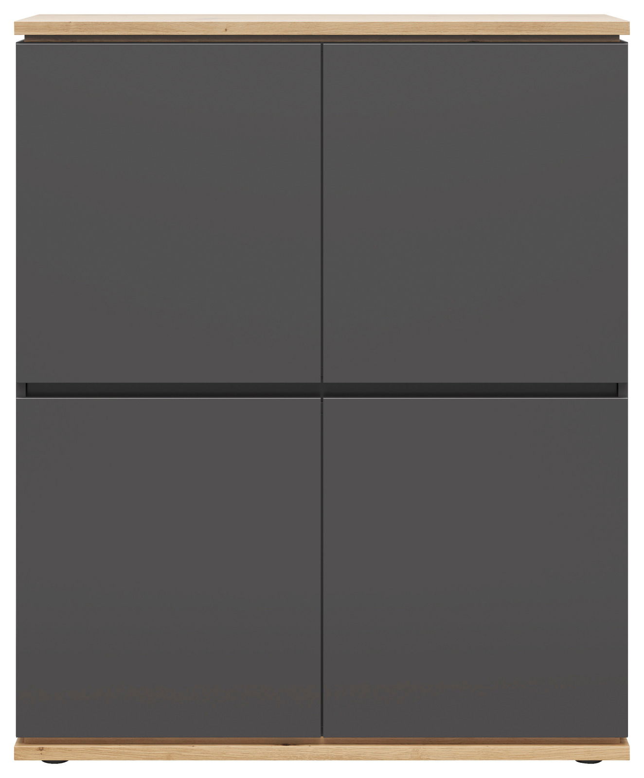 Frontansicht eines modernen Highboards mit dunklen Türen und hellem Holzrahmen.