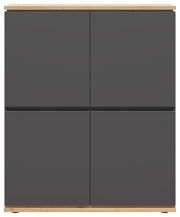 Frontansicht eines modernen Highboards mit dunklen Türen und hellem Holzrahmen.