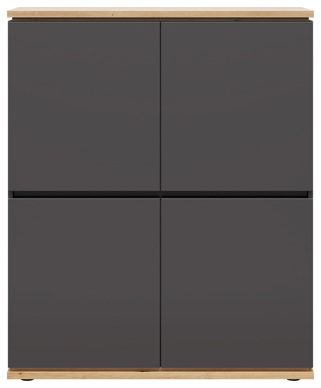 Frontansicht eines modernen Highboards mit dunklen Türen und hellem Holzrahmen.