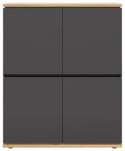 Frontansicht eines modernen Highboards mit dunklen Türen und hellem Holzrahmen.