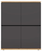 Frontansicht eines modernen Highboards mit dunklen Türen und hellem Holzrahmen.