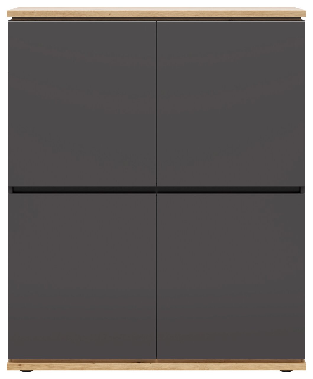Frontansicht eines modernen Highboards mit dunklen Türen und hellem Holzrahmen.