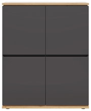 Frontansicht eines modernen Highboards mit dunklen Türen und hellem Holzrahmen.