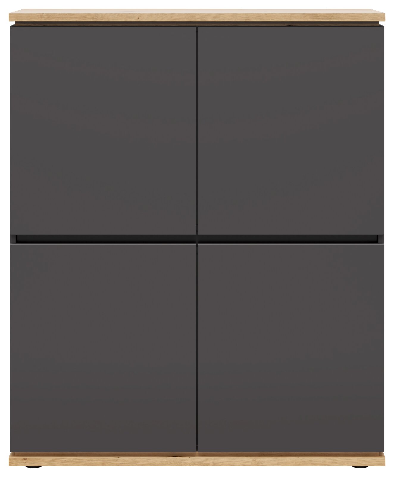 Frontansicht eines modernen Highboards mit dunklen Türen und hellem Holzrahmen.