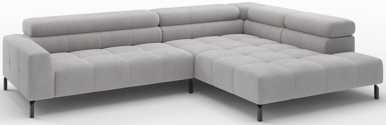 Lichtgrijze ribcord hoekbank met chaise longue rechts, gestoffeerde rug- en zitkussens en zwarte metalen poten, weergegeven in schuin vooraanzicht
