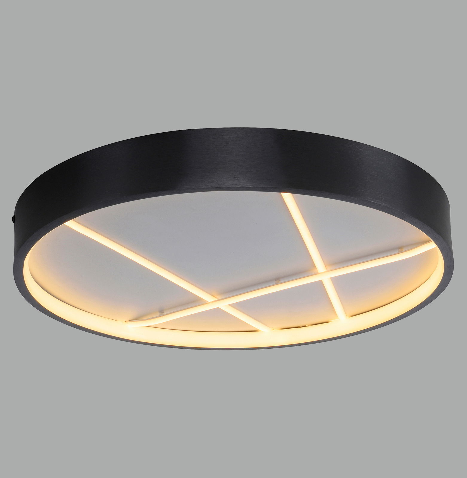 Moderne Deckenleuchte MIKADO mit schwarzem Rahmen und kreuzförmigem LED-Design, seitliche Perspektive