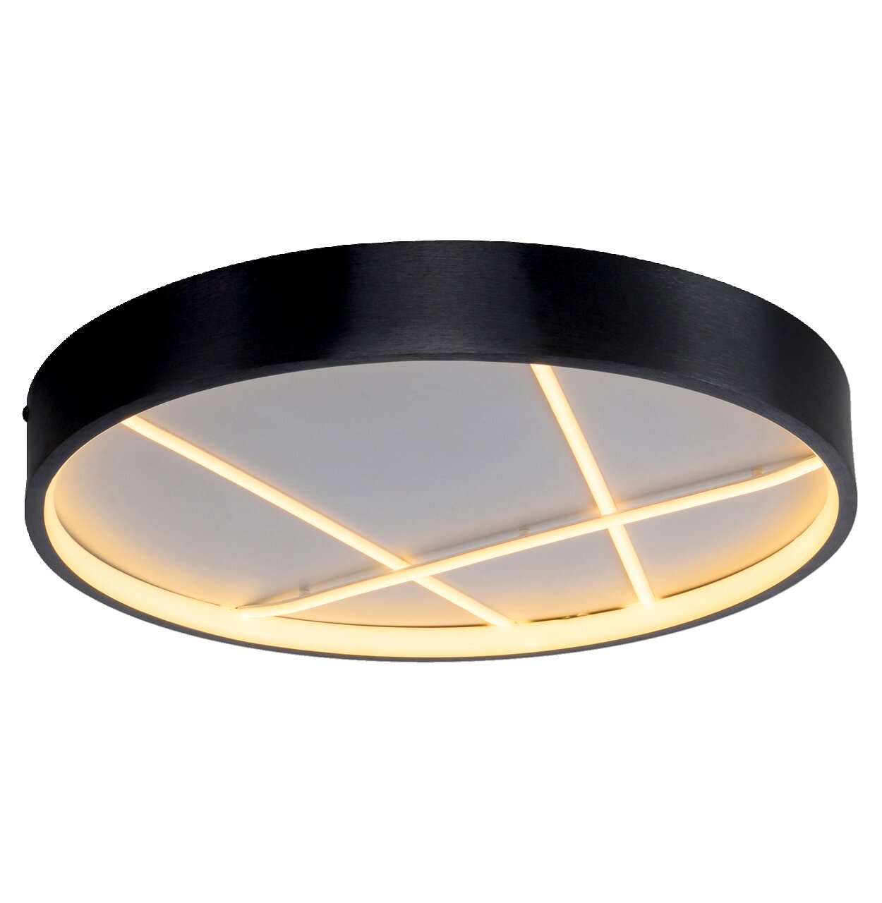 Moderne Deckenleuchte MIKADO mit schwarzem Rahmen und kreuzförmigem LED-Design, seitliche Perspektive