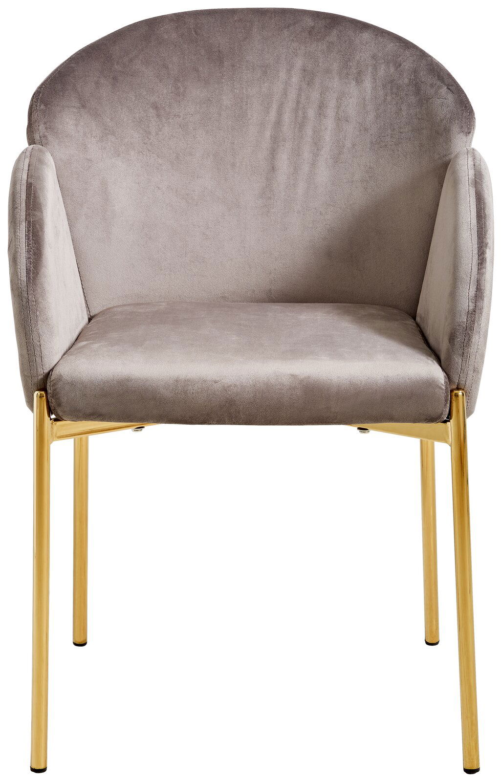 Vorderansicht eines eleganten Sessels der Serie SUNNY von Livetastic mit grauem Samtbezug und goldenen Beinen.