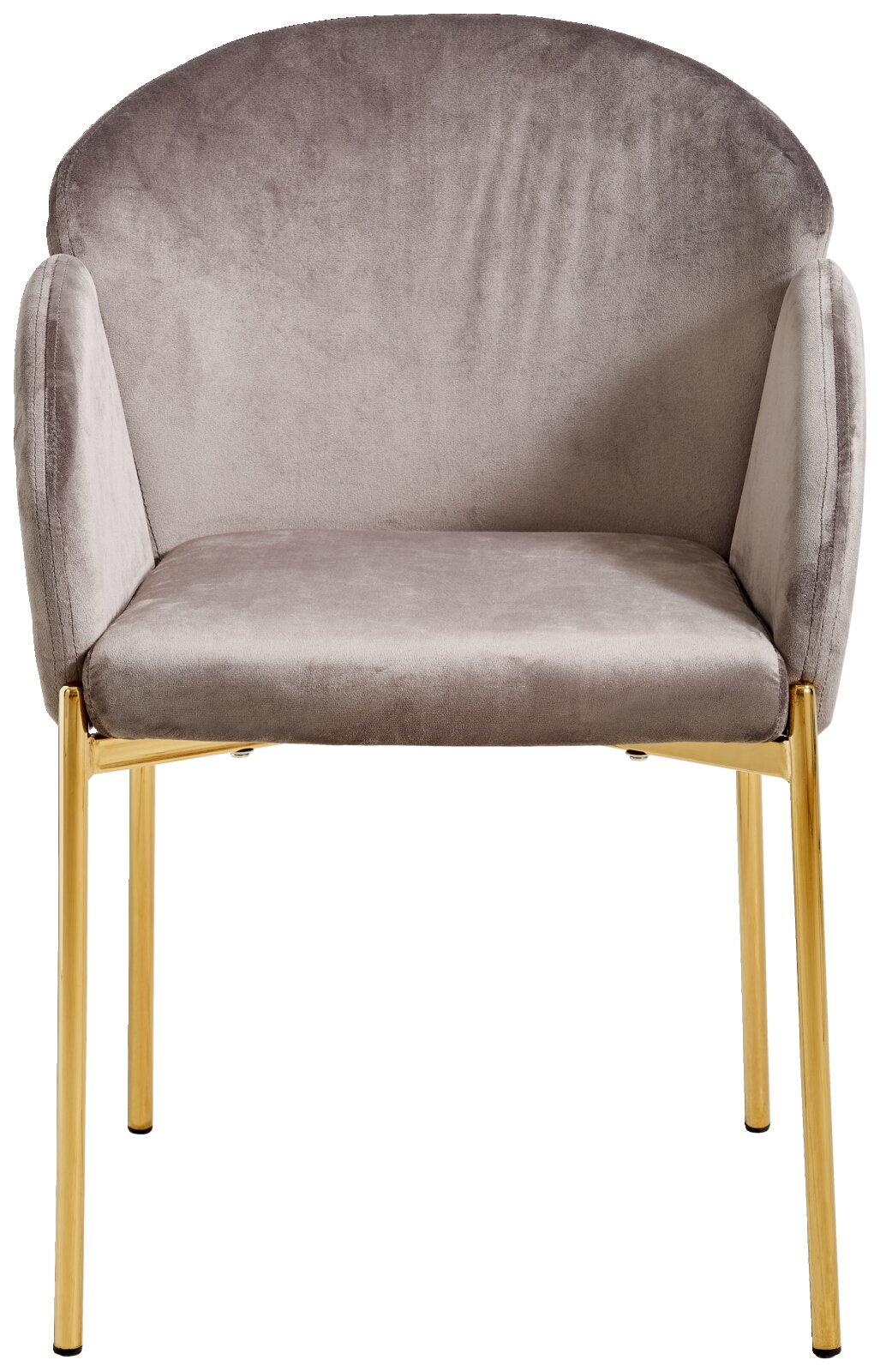 Vooraanzicht van een elegante fauteuil uit de SUNNY-serie van Livetastic, met een grijze fluwelen bekleding en gouden poten.