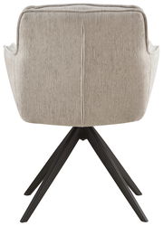 Rückansicht eines Armlehnstuhls mit beigem Stoffbezug und schwarzen Metallbeinen.