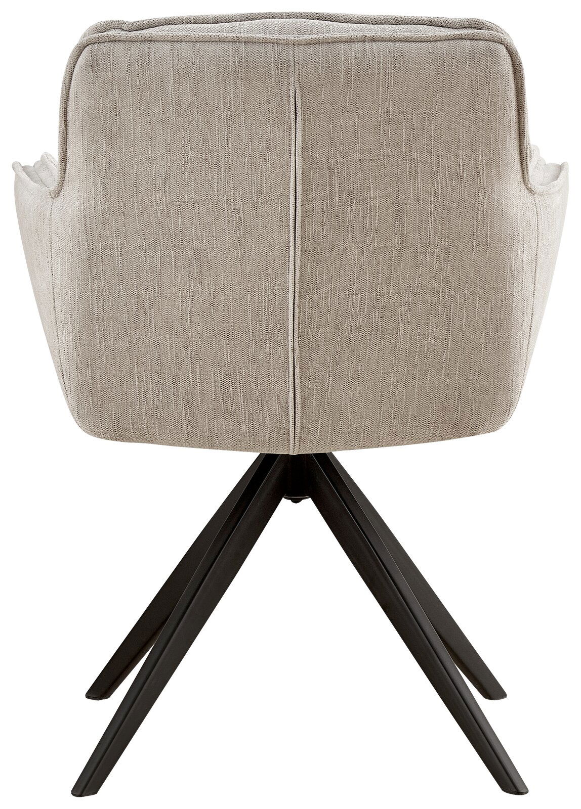 Rückansicht eines Armlehnstuhls mit beigem Stoffbezug und schwarzen Metallbeinen.