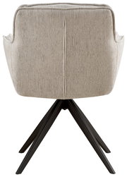 Rückansicht eines Armlehnstuhls mit beigem Stoffbezug und schwarzen Metallbeinen.