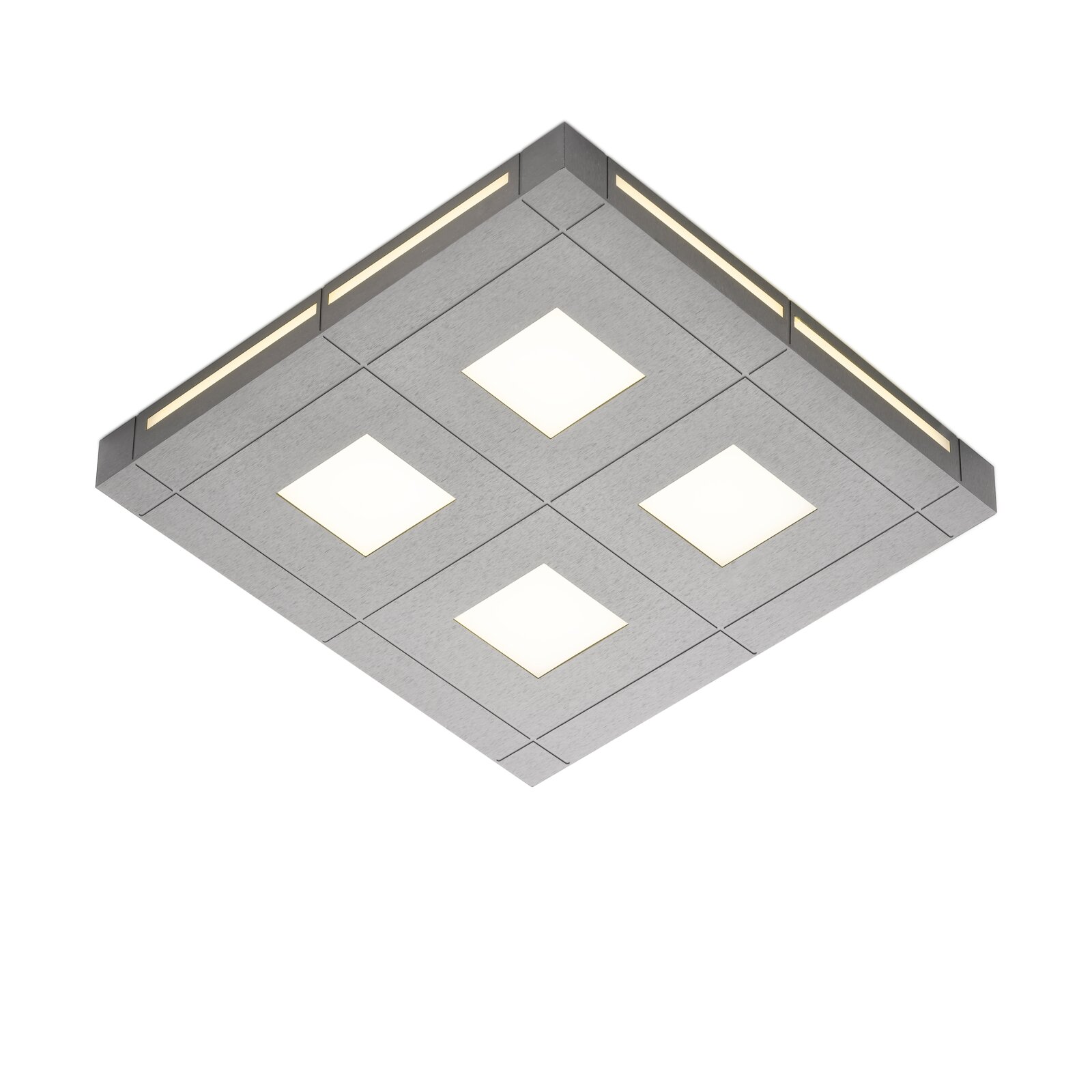 Grossmann LED-Deckenleuchte AERA Moderne quadratische LED-Deckenleuchte in gebürsteter Metalloptik mit vier leuchtenden Flächen und seitlichen Lichtleisten, aus schräger Untersicht dargestellt