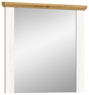 Moderner Wandspiegel mit weißem Rahmen und Holzleiste, Frontalansicht