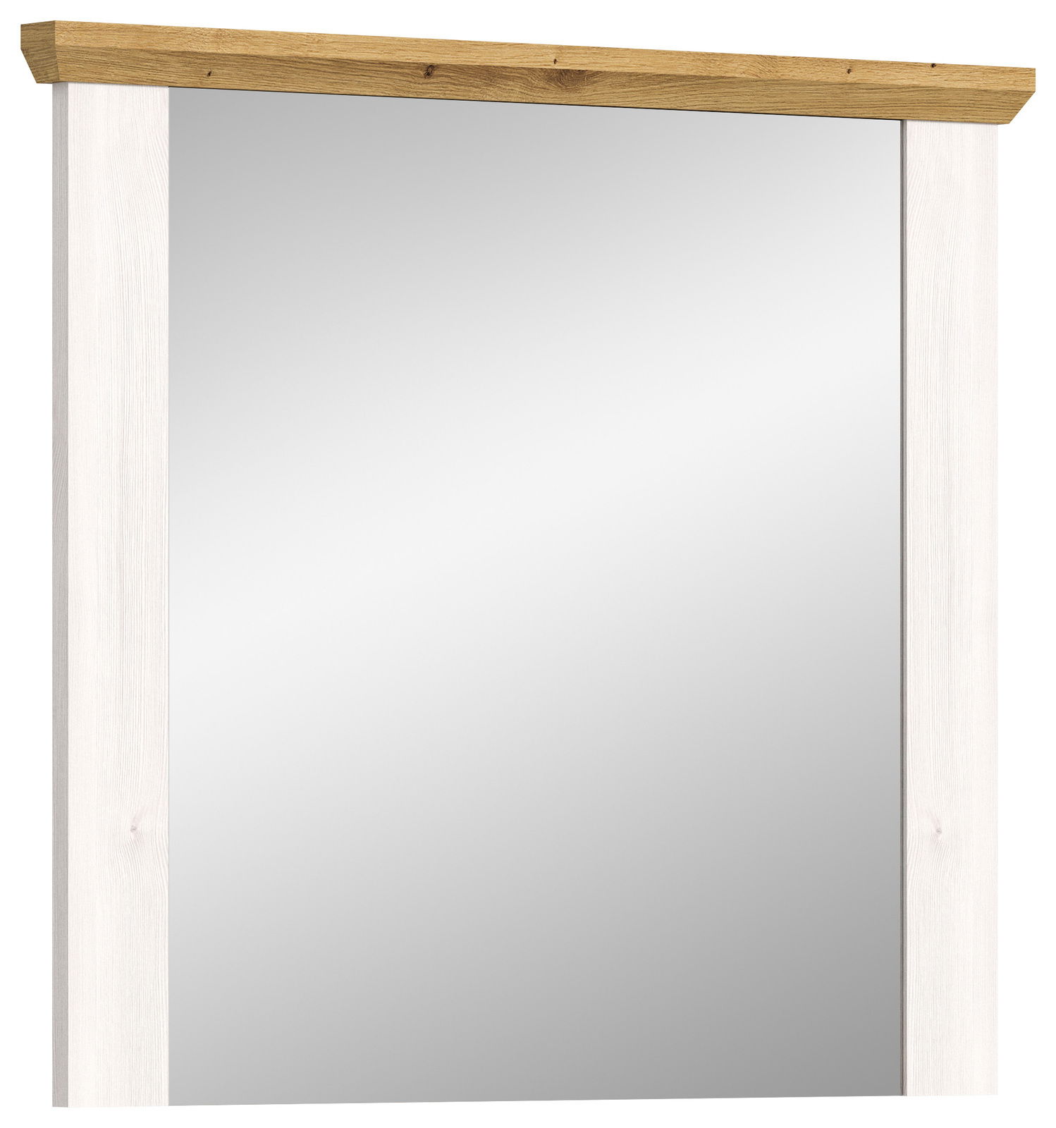 Moderner Wandspiegel mit weißem Rahmen und Holzleiste, Frontalansicht