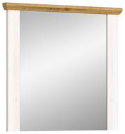 Moderner Wandspiegel mit weißem Rahmen und Holzleiste, Frontalansicht