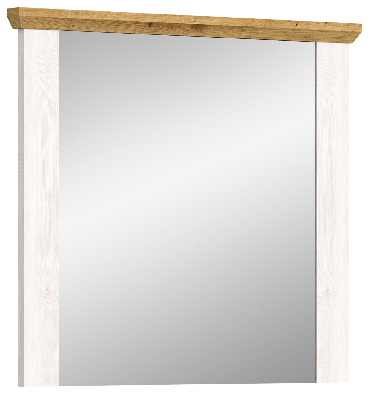 Moderner Wandspiegel mit weißem Rahmen und Holzleiste, Frontalansicht