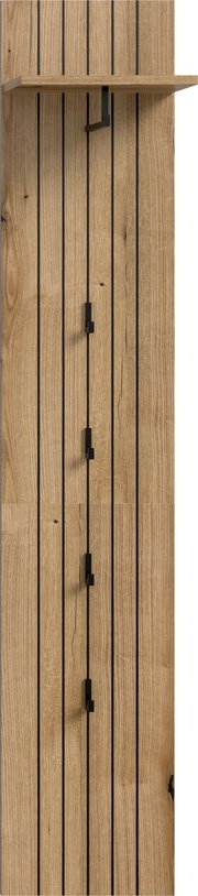 Hohe Holzpaneel-Wandgarderobe mit schmalem Ablagebrett oben und mehreren schwarzen Metallhaken, frontale Ansicht