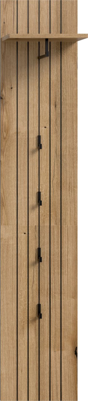 Hohe Holzpaneel-Wandgarderobe mit schmalem Ablagebrett oben und mehreren schwarzen Metallhaken, frontale Ansicht