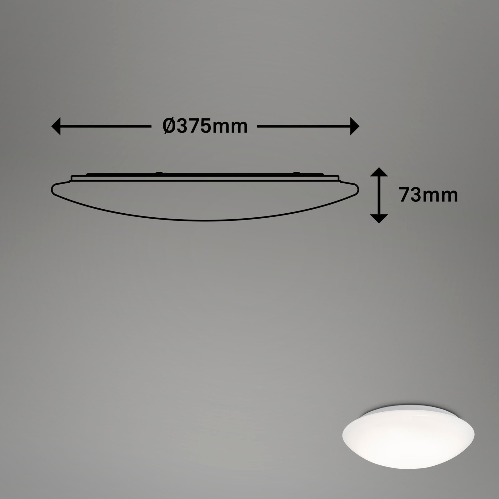 Zijaanzicht van een ronde witte plafondlamp met afmetingen Ø375 mm en hoogte 73 mm, weergegeven met maatpijlen op een grijze achtergrond.