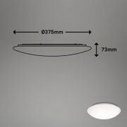 Zijaanzicht van een ronde witte plafondlamp met afmetingen Ø375 mm en hoogte 73 mm, weergegeven met maatpijlen op een grijze achtergrond.