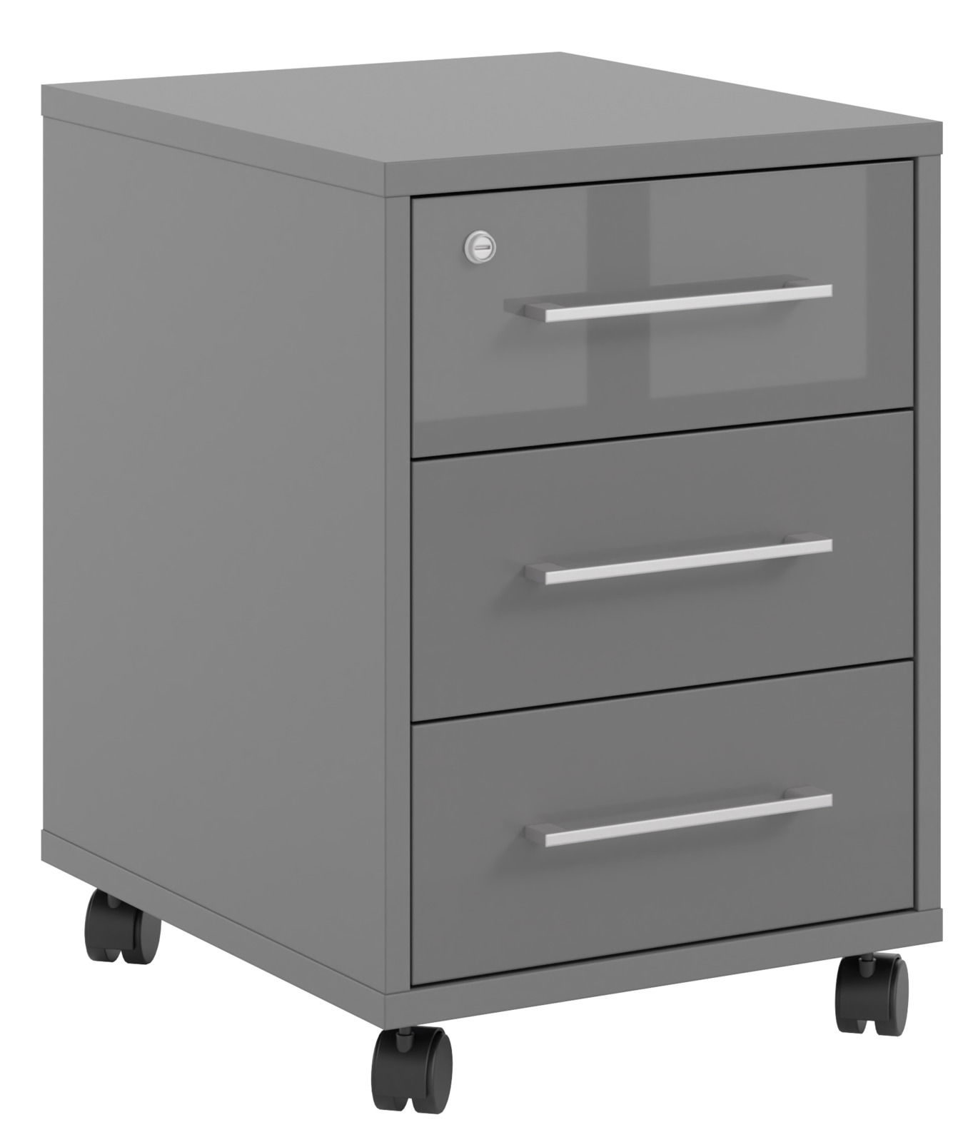 Grauer Rollcontainer mit drei Schubladen und Rollen, seitliche Perspektive