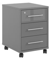Grauer Rollcontainer mit drei Schubladen und Rollen, seitliche Perspektive