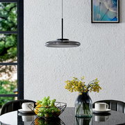 Moderne LED-Hängeleuchte in einem Esszimmer, von der Seite betrachtet, über einem Tisch mit Blumen und Obstkorb.