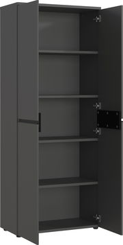 Grauer Aktenschrank mit offenen Türen, vier Einlegeböden, Frontansicht