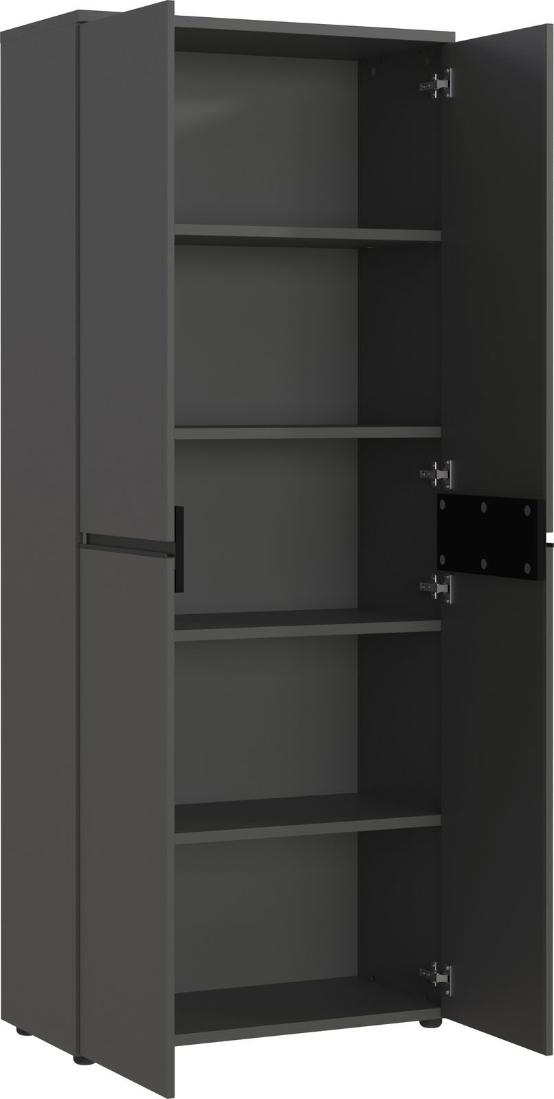 Grauer Aktenschrank mit offenen Türen, vier Einlegeböden, Frontansicht