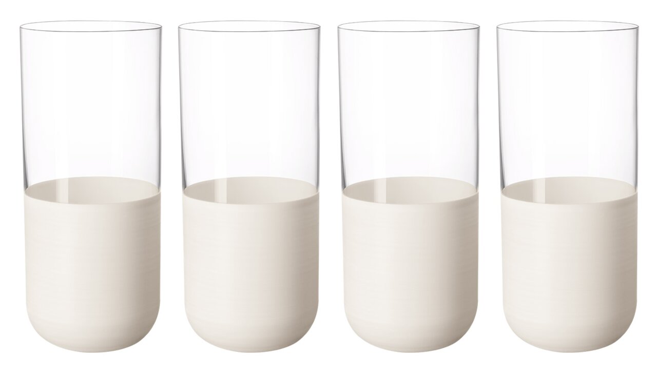 Villeroy & Boch Longdrinkglas, 4 stuks, MANUFACTURE ROCK BLANC Set van vier longdrinkglazen met witte bodem, afgebeeld van voren.