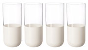 Set van vier longdrinkglazen met witte bodem, afgebeeld van voren.
