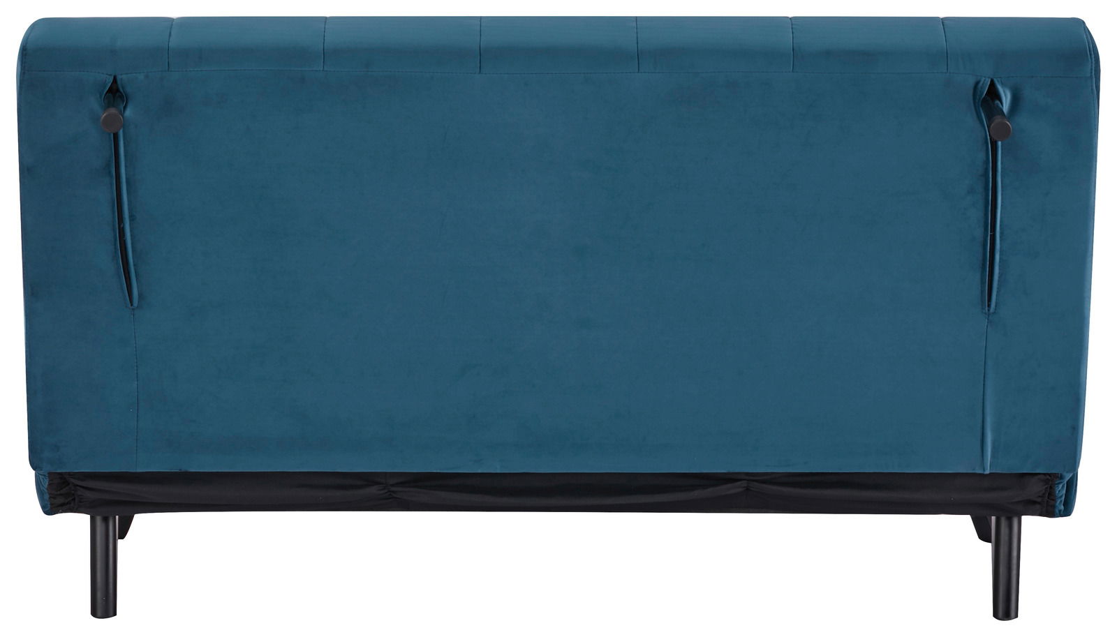 Rückansicht eines blauen Funktionssofas mit schwarzen Beinen.