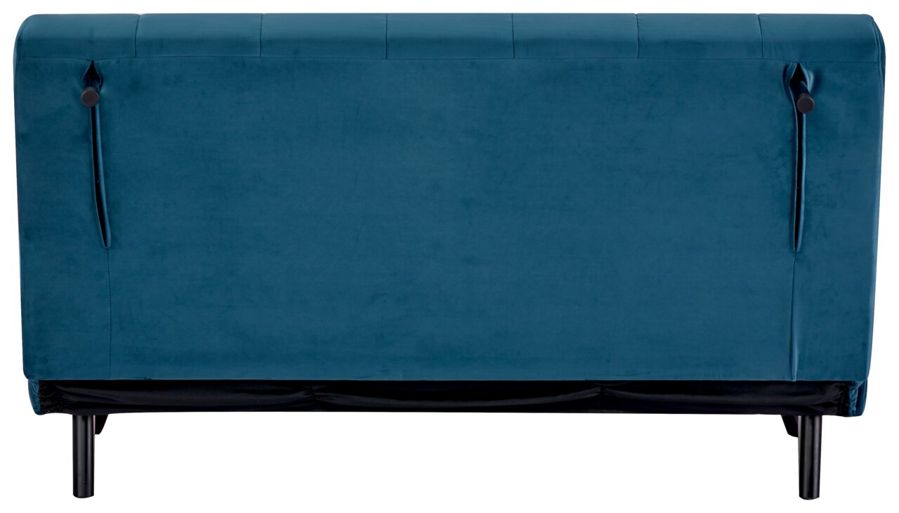 Rückansicht eines blauen Funktionssofas mit schwarzen Beinen.