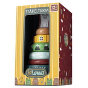 Holz-Stapelturm in bunter Verpackung, seitliche Perspektive