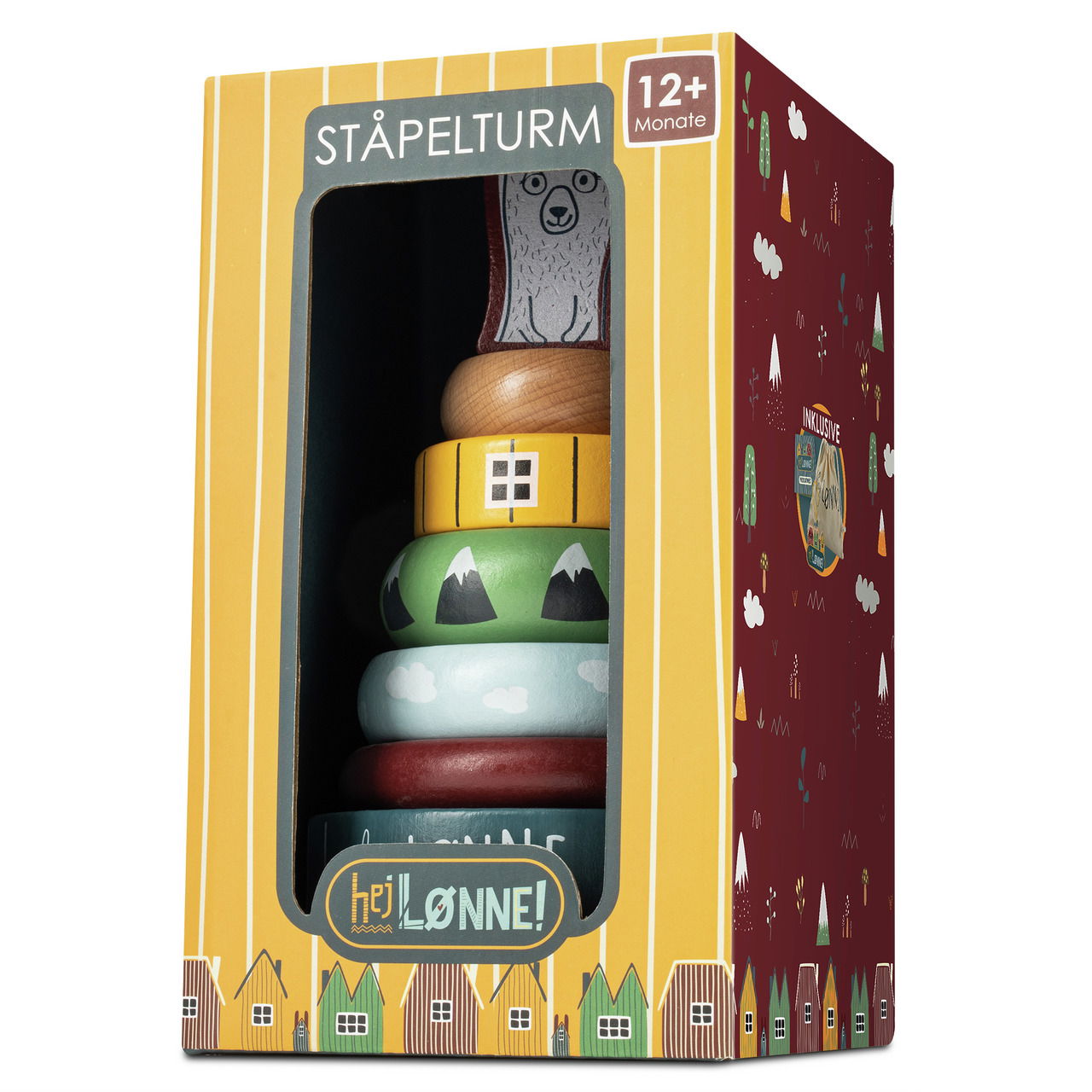 Holz-Stapelturm in bunter Verpackung, seitliche Perspektive