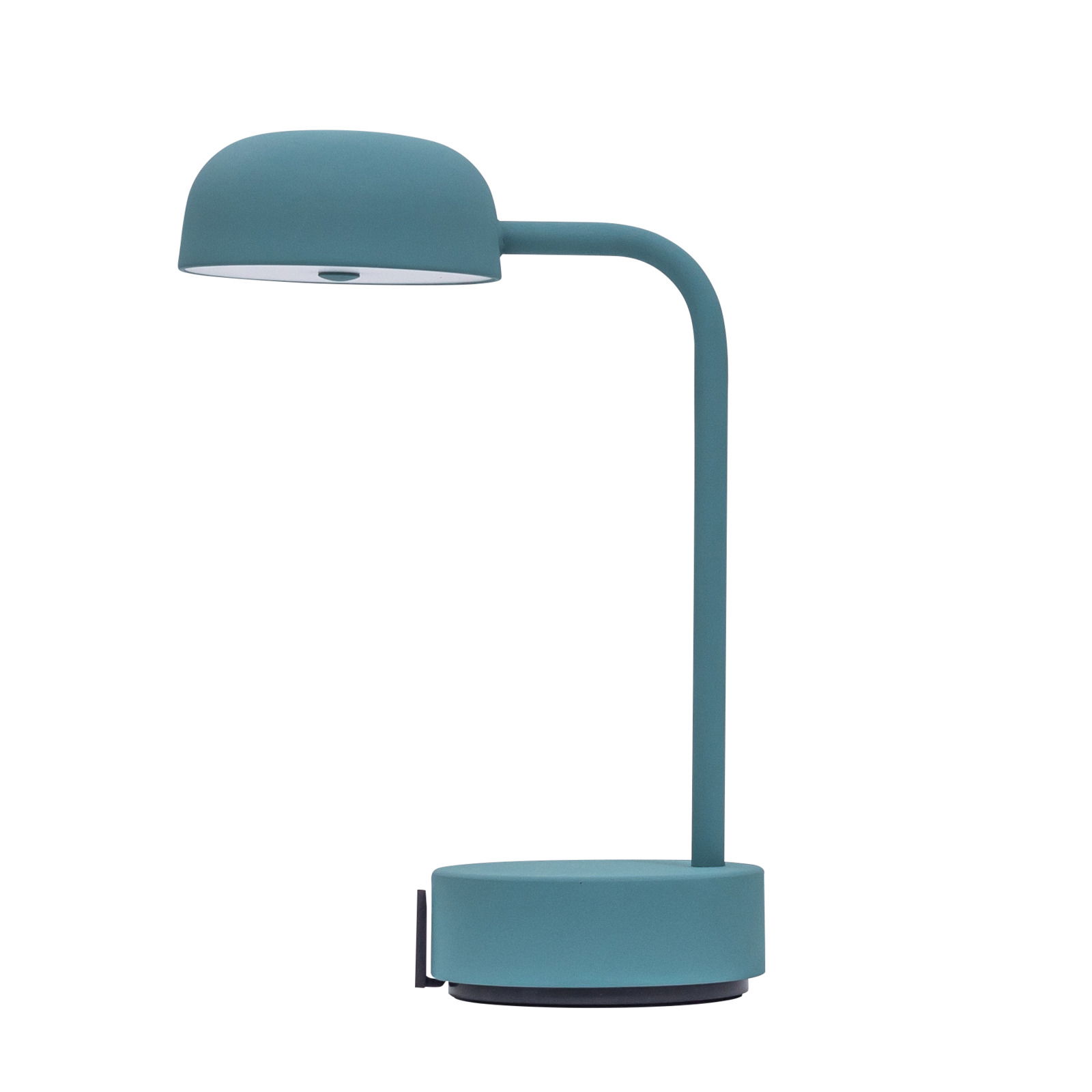 Moderne Tischlampe in rauchigem Teal, seitliche Perspektive