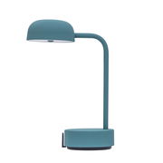 Moderne Tischlampe in rauchigem Teal, seitliche Perspektive