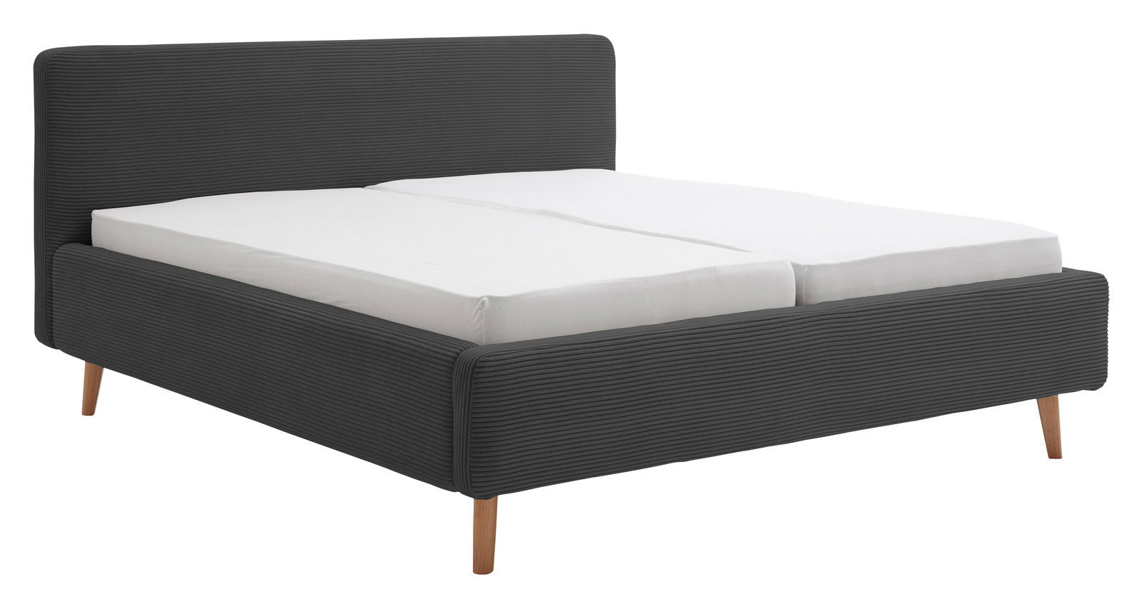 Modernes Polsterbett in dunklem Stoff mit Holzfüßen, seitliche Perspektive
