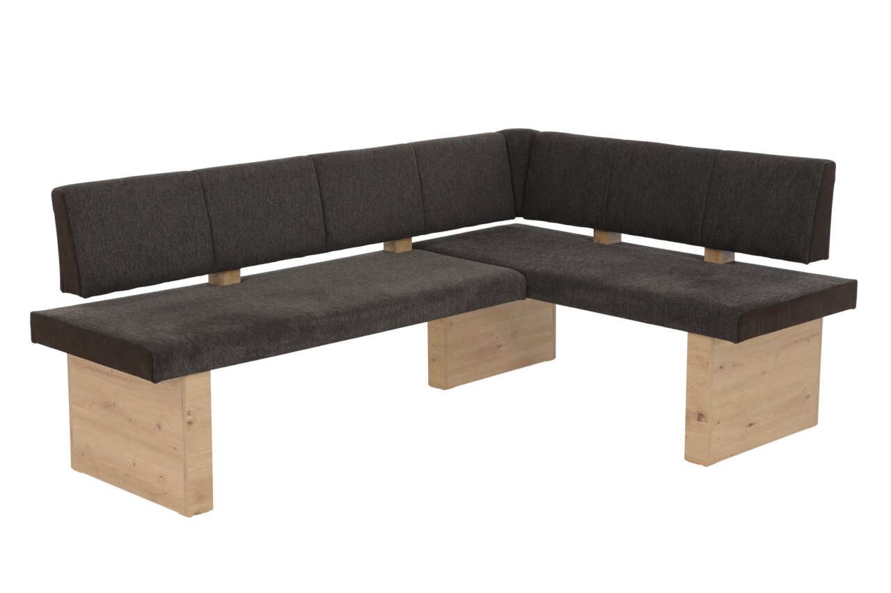Hoekbank met donkergrijze stoffen bekleding en lichte houten poten, zijaanzicht