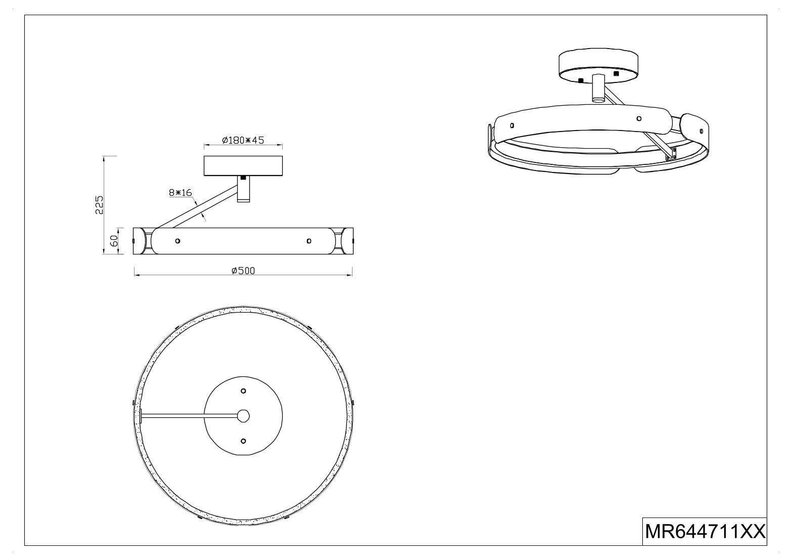 Technische Zeichnung einer runden LED-Deckenleuchte mit Ring-Design und zentraler Deckenhalterung, Draufsicht und Seitenansicht mit Maßangaben (Ø 500 mm, Höhe ca. 225 mm), Perspektive: isometrische Schrägansicht sowie Draufsicht/Seitenansicht