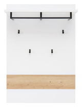 Garderobenpaneel mit weißer Oberfläche, schwarzer Kleiderstange und Haken, sowie einem Holzelement, Frontalansicht.