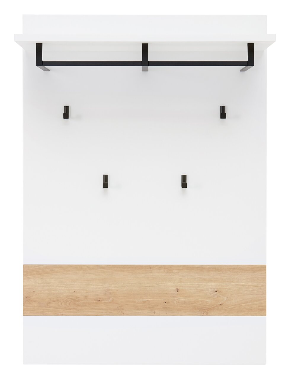 XORA Garderobenpaneel MEMPHIS Garderobenpaneel mit weißer Oberfläche, schwarzer Kleiderstange und Haken, sowie einem Holzelement, Frontalansicht.