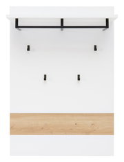 Garderobenpaneel mit weißer Oberfläche, schwarzer Kleiderstange und Haken, sowie einem Holzelement, Frontalansicht.