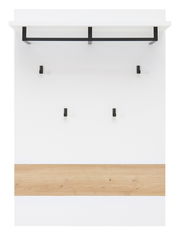 Garderobenpaneel mit weißer Oberfläche, schwarzer Kleiderstange und Haken, sowie einem Holzelement, Frontalansicht.