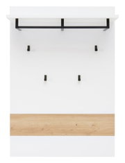Kastpaneel met wit oppervlak, zwarte kledingstang en haken, en een houten element, vooraanzicht.