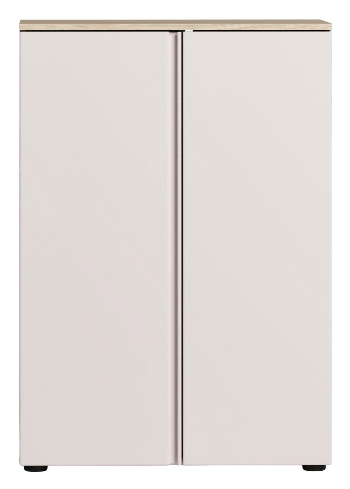 Moderner Schuhschrank mit zwei Türen in Frontansicht, schlichtes Design in Weiß mit Holzoberfläche.