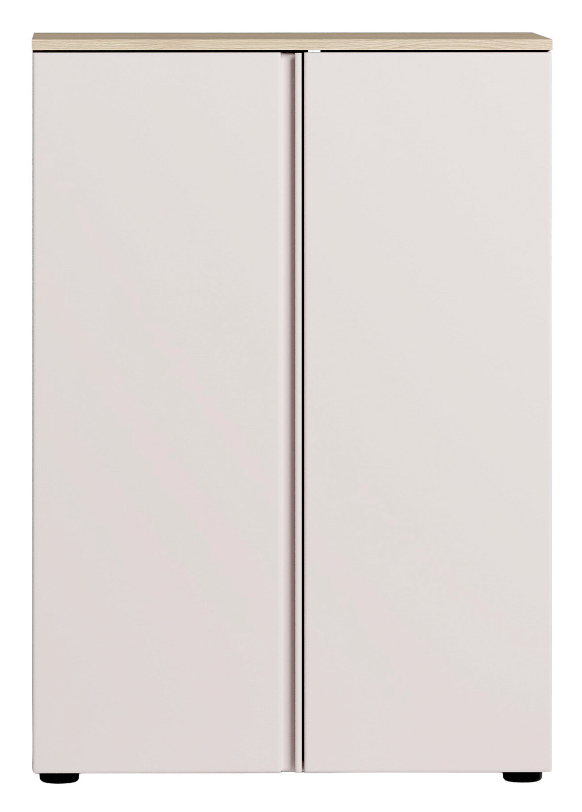 Moderner Schuhschrank mit zwei Türen in Frontansicht, schlichtes Design in Weiß mit Holzoberfläche.